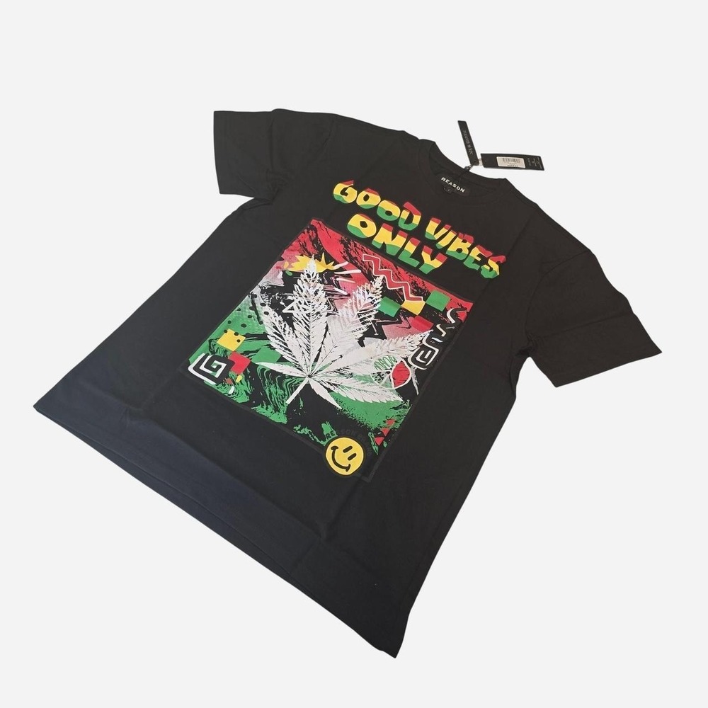 Reason Good Vibes Only black cotton t-shirt Weed Graphics Happy Face - Large